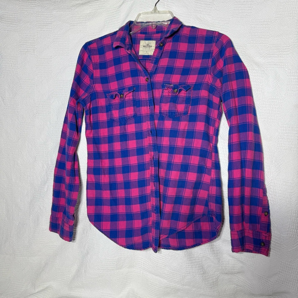 Hollister Vibrant Pink Blue Plaid Checkered Shirt Button Up Long Sleeve Small